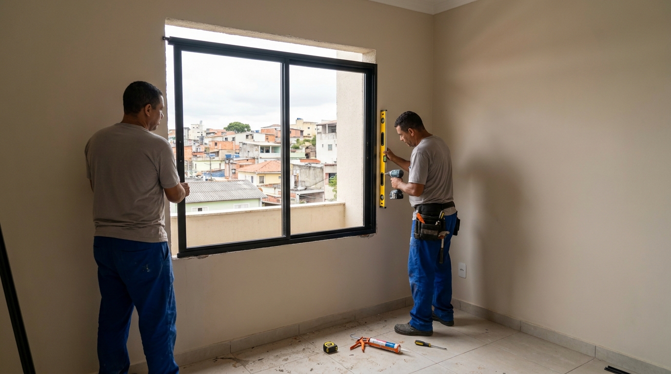 Esquadria de alumínio em quarto bege em Anápolis-GO