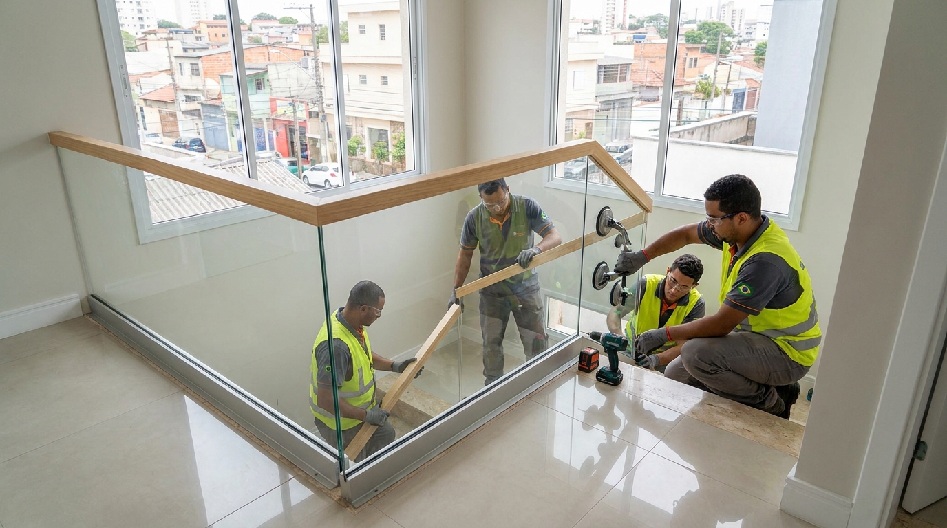 Mezanino interno com guarda-corpo de vidro em Anápolis-GO