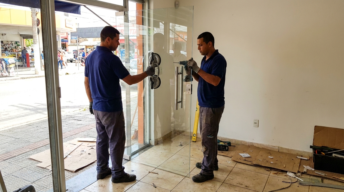 Porta de vidro de loja em rua movimentada em Anápolis-GO